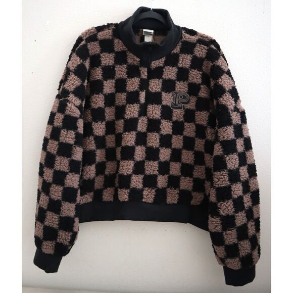 PINK x Victoria's Secret WMNs Sz XL Brown Checkered Cozy Fleece 1/2 Zip Pullover - Picture 1 of 10